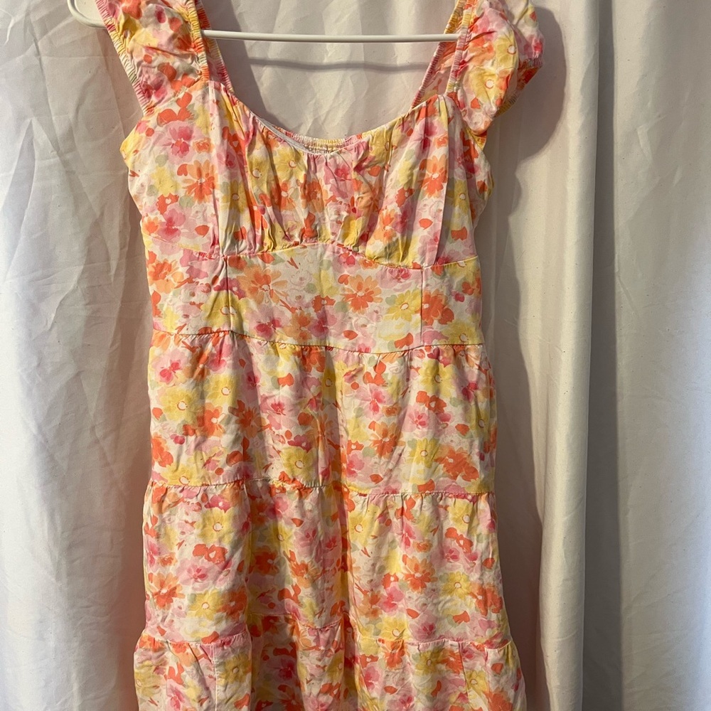 HOLLISTER DRESS FLORAL PINK YELLOW ELASTIC BACK RUFFLED STRAPS